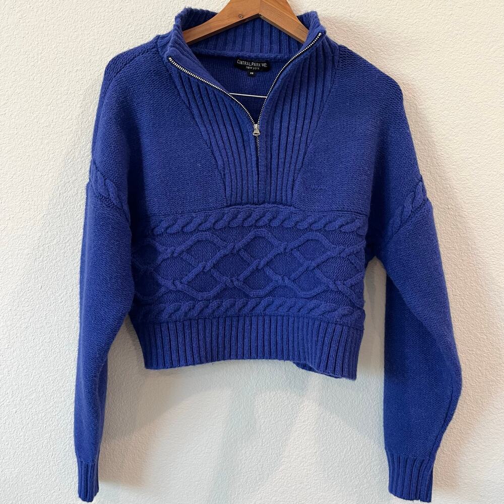 Central Park West Royal Blue Cable Knit Half-Zip Sweater
